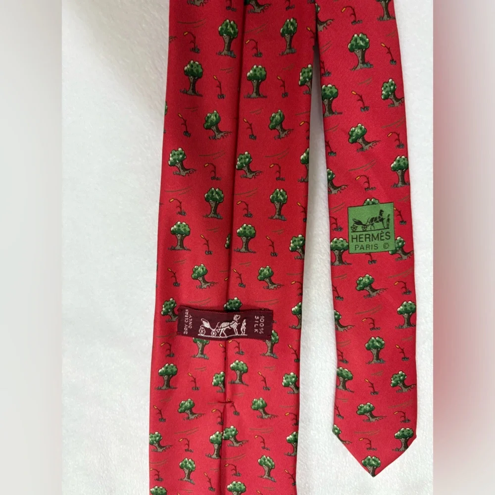 Hermes Red Tie with Green Pattern